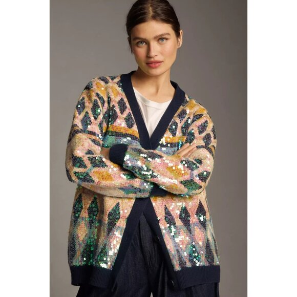 NWT Anthropologie Maeve Patterned Sequin Oversized Cardigan Sweater XS